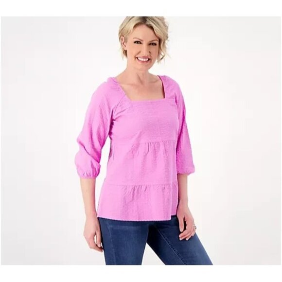 Denim & Co. Tiered Top with Elastic Neckline Dark Orchid 2X A602889 - Picture 1 of 2
